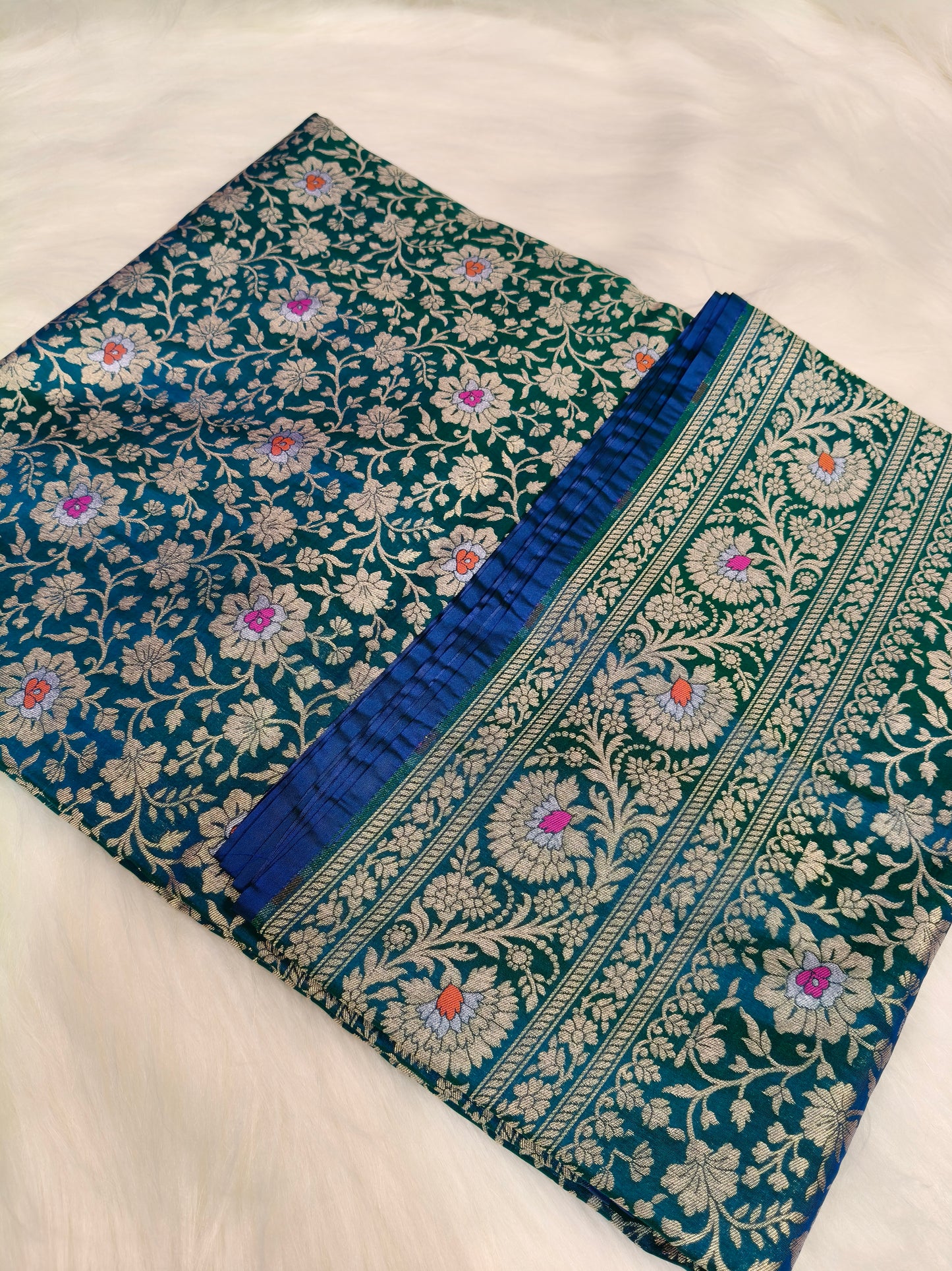 Banarasi Tanchhui Saree Peacock Shade With Multi Color Mina BTS002   15% Discount