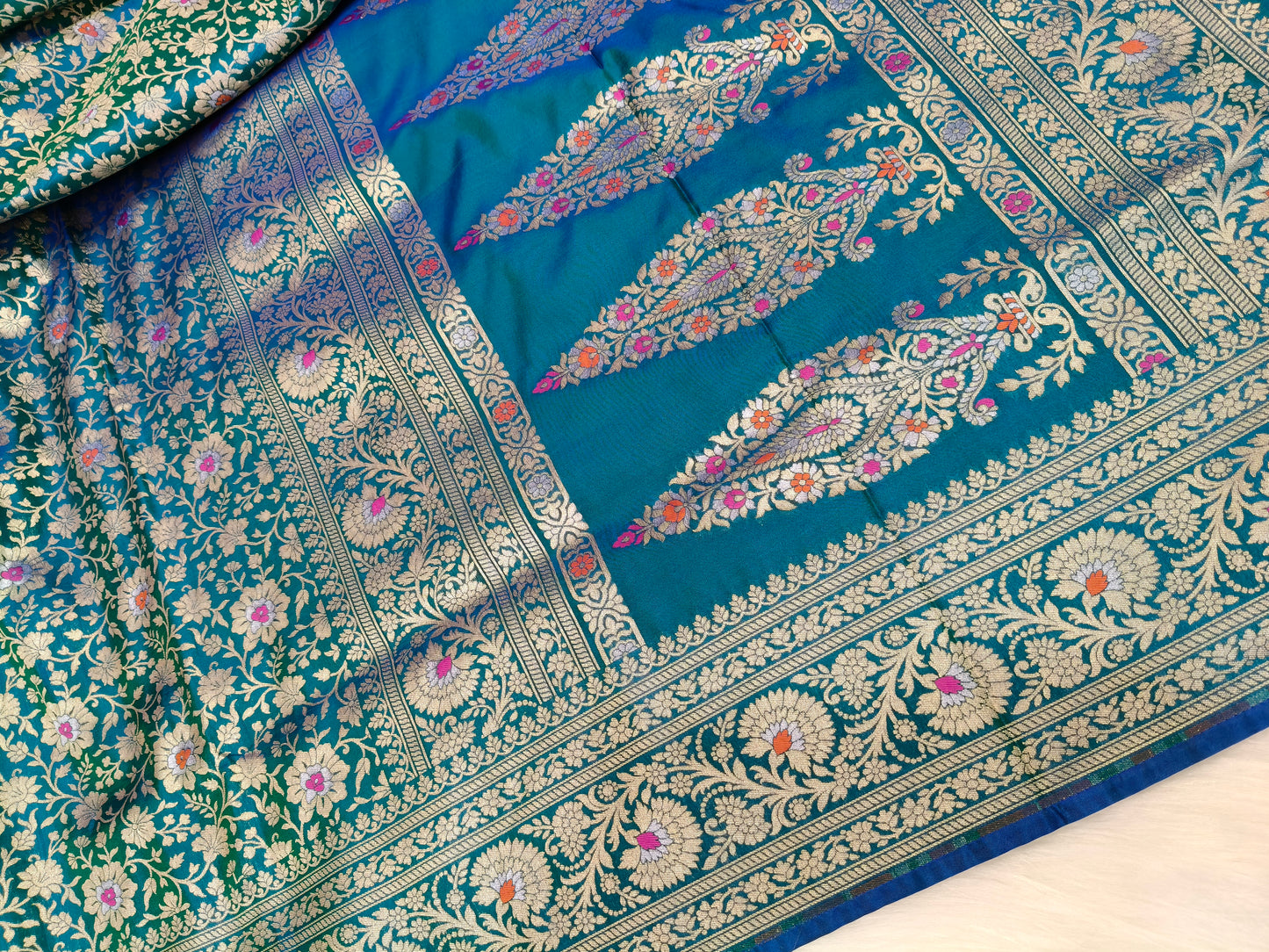 Banarasi Tanchhui Saree Peacock Shade With Multi Color Mina BTS002   15% Discount