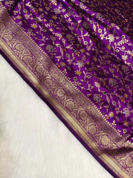 Banarasi Silk Cutwork Saree Deep Purple Shade With Multi Color Mina BCS002   15% discount