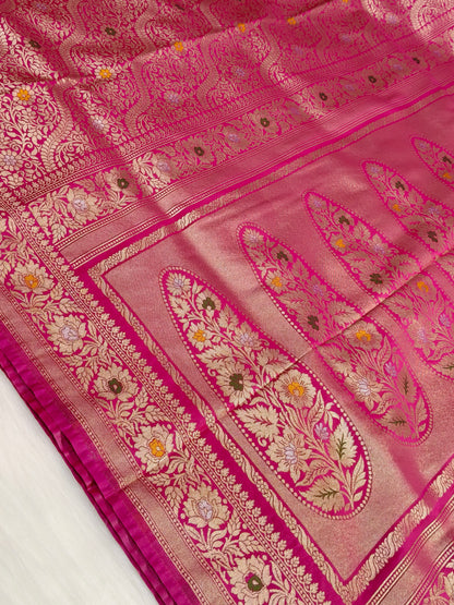 Banarasi Tanchhui Minakari Saree In Rani Pink Shade With Multi Color Mina BTS012   25% Discount