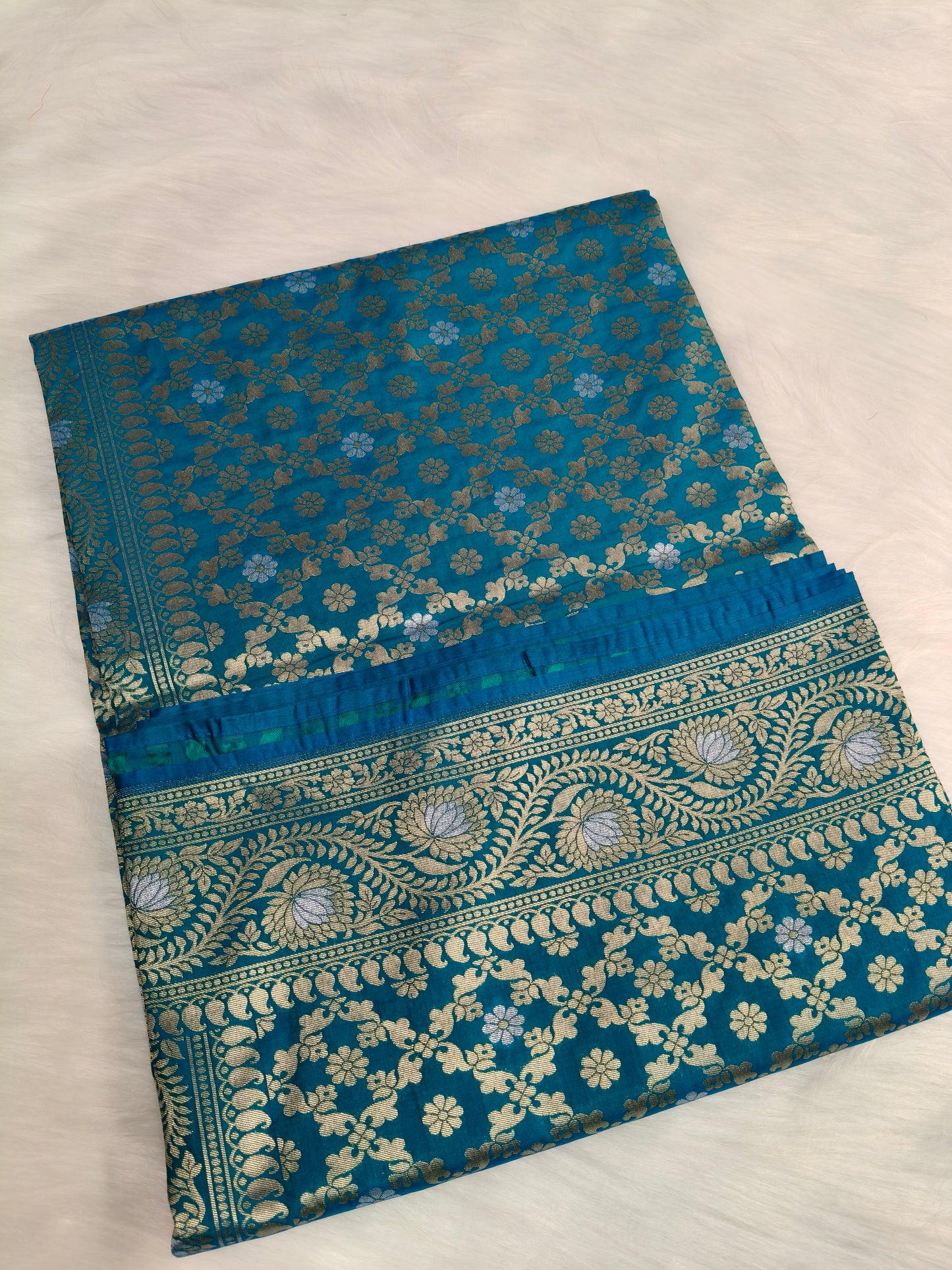 Banarasi Silk Cutwork Saree Teal Blue Shade With Silver Mina BCS006   50% Discount