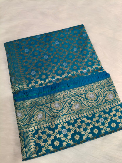 Banarasi Silk Cutwork Saree Teal Blue Shade With Silver Mina BCS006   50% Discount