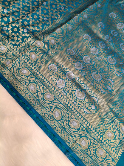 Banarasi Silk Cutwork Saree Teal Blue Shade With Silver Mina BCS006   50% Discount