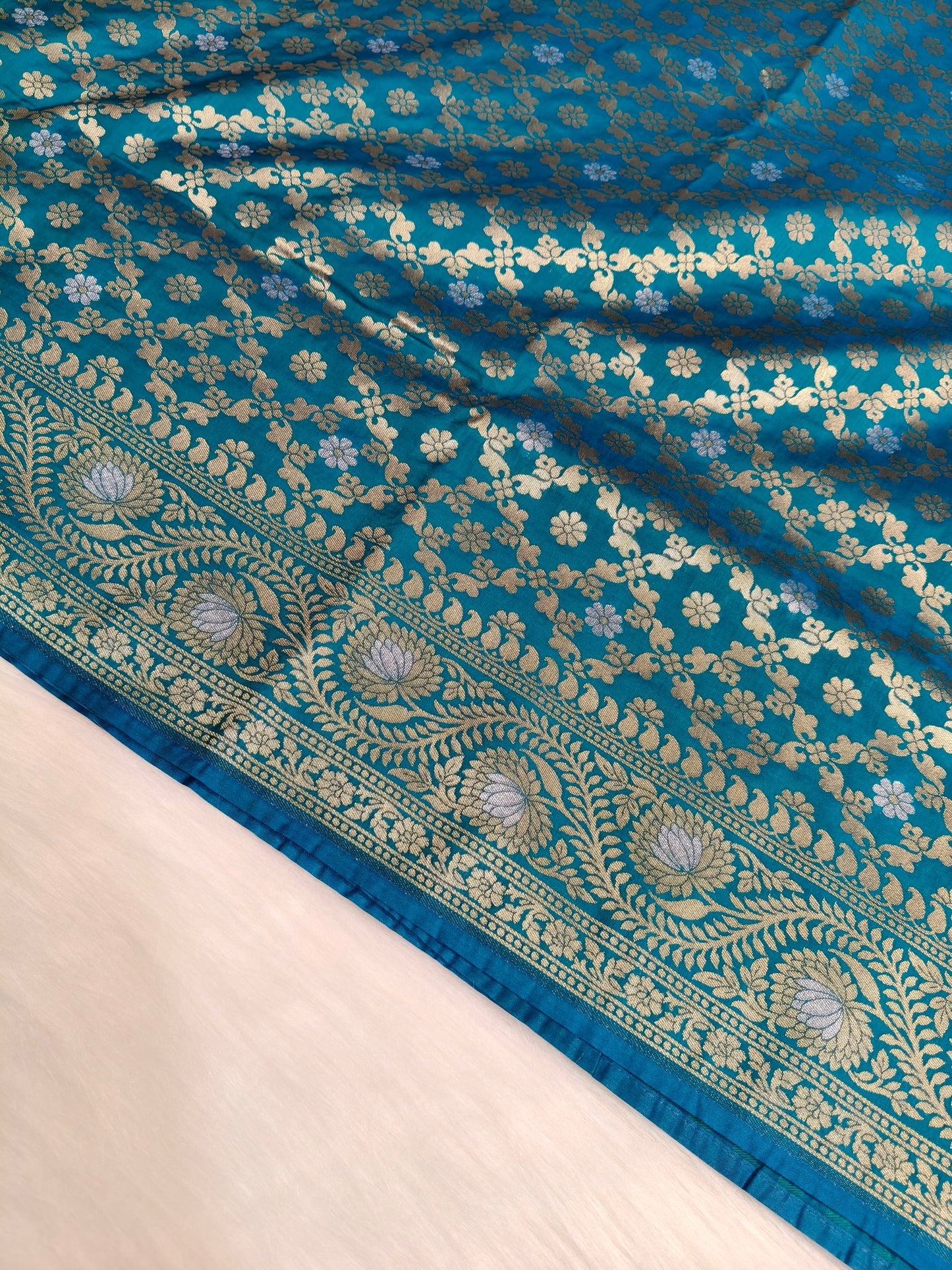 Banarasi Silk Cutwork Saree Teal Blue Shade With Silver Mina BCS006   50% Discount