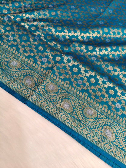 Banarasi Silk Cutwork Saree Teal Blue Shade With Silver Mina BCS006   50% Discount