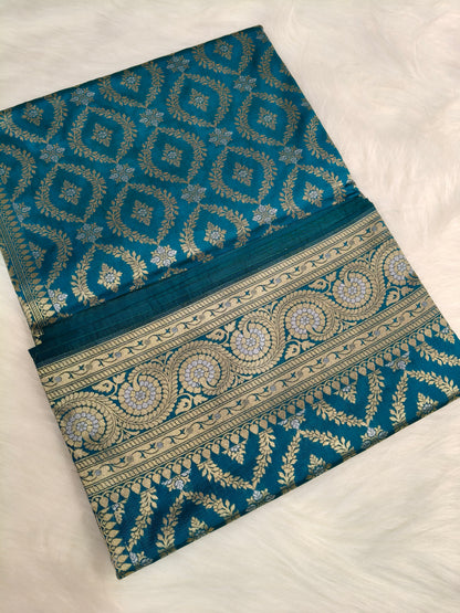 Banarasi Silk Cutwork Saree Teal Blue Shade With Rupa Minakari BCS007   25% Discount
