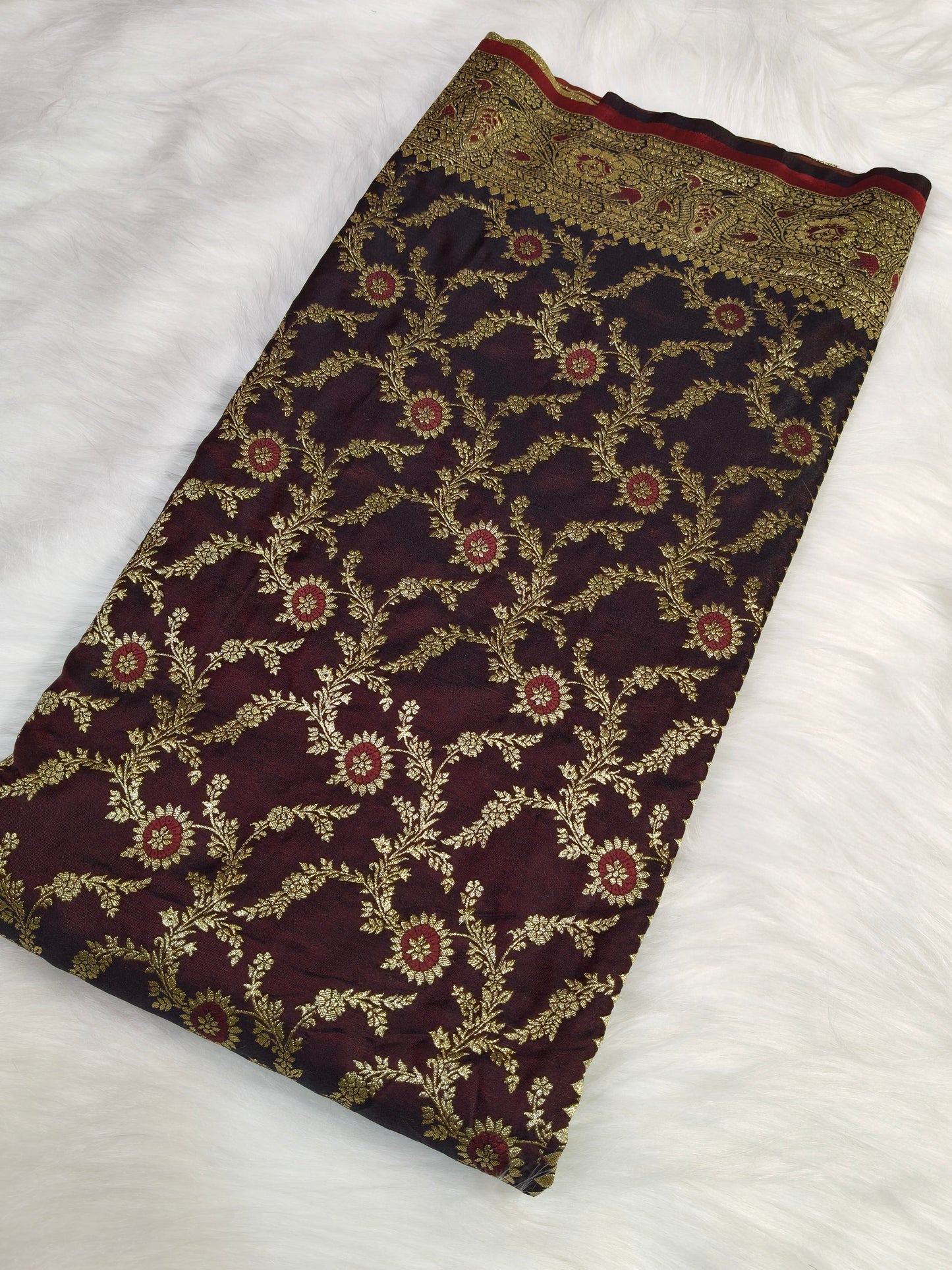 Satin Saree Garnet Shade Floral Jaal Pattern SS001   75% Discount