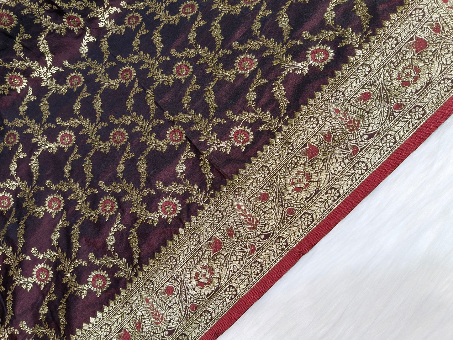 Satin Saree Garnet Shade Floral Jaal Pattern SS001   75% Discount