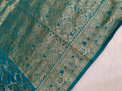 Satin Saree Teal Blue Shade Floral Jaal Pattern SS003   75% Discount