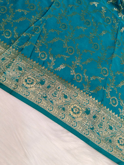 Satin Saree Teal Blue Shade Floral Jaal Pattern SS003   75% Discount