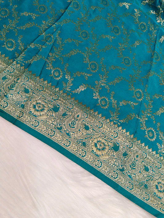 Satin Saree Teal Blue Shade Floral Jaal Pattern SS003   75% Discount