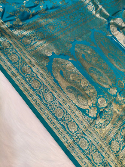 Satin Saree Teal Blue Shade Floral Jaal Pattern SS006   75% Discount