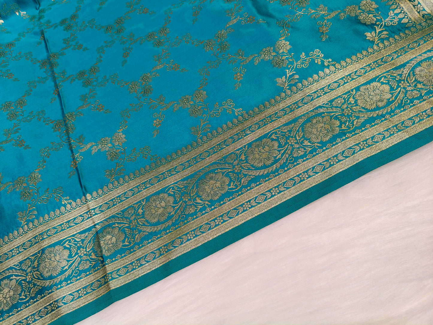 Satin Saree Teal Blue Shade Floral Jaal Pattern SS006   75% Discount