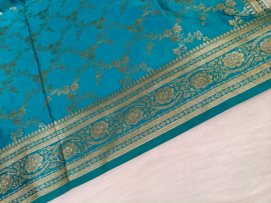 Satin Saree Teal Blue Shade Floral Jaal Pattern SS006   75% Discount