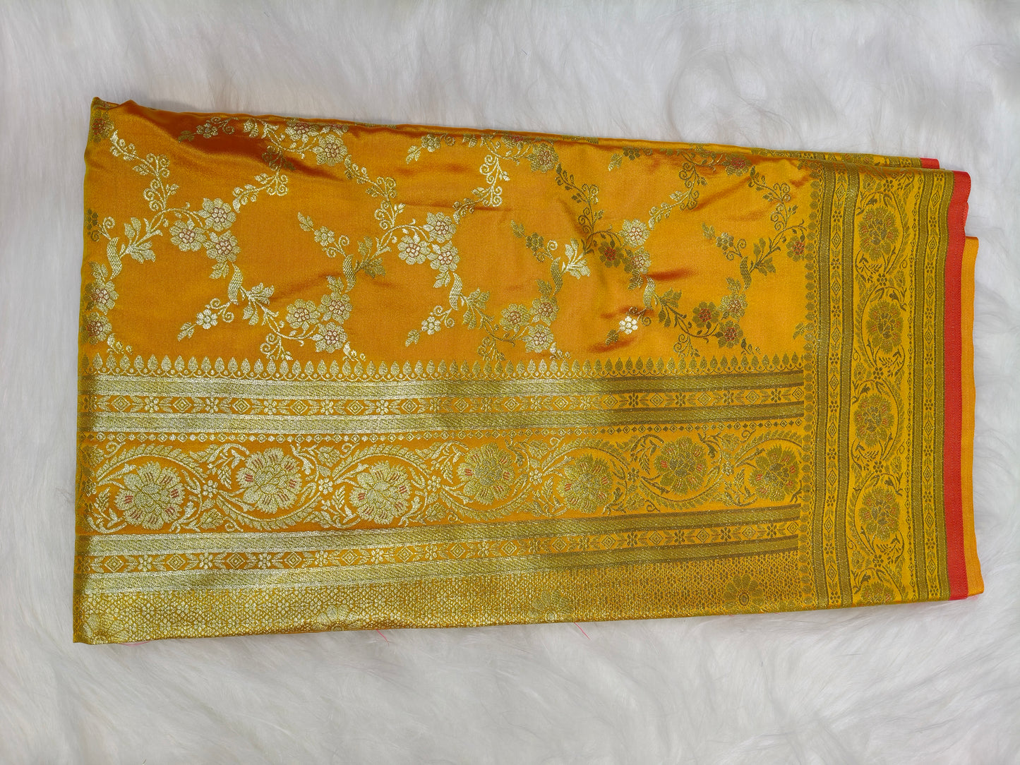Satin Saree Rani Yellow Shade Floral Jaal Pattern SS007 75% Discount