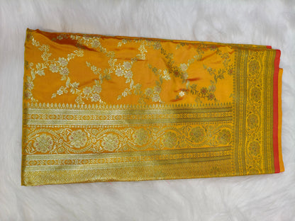 Satin Saree Rani Yellow Shade Floral Jaal Pattern SS007 75% Discount