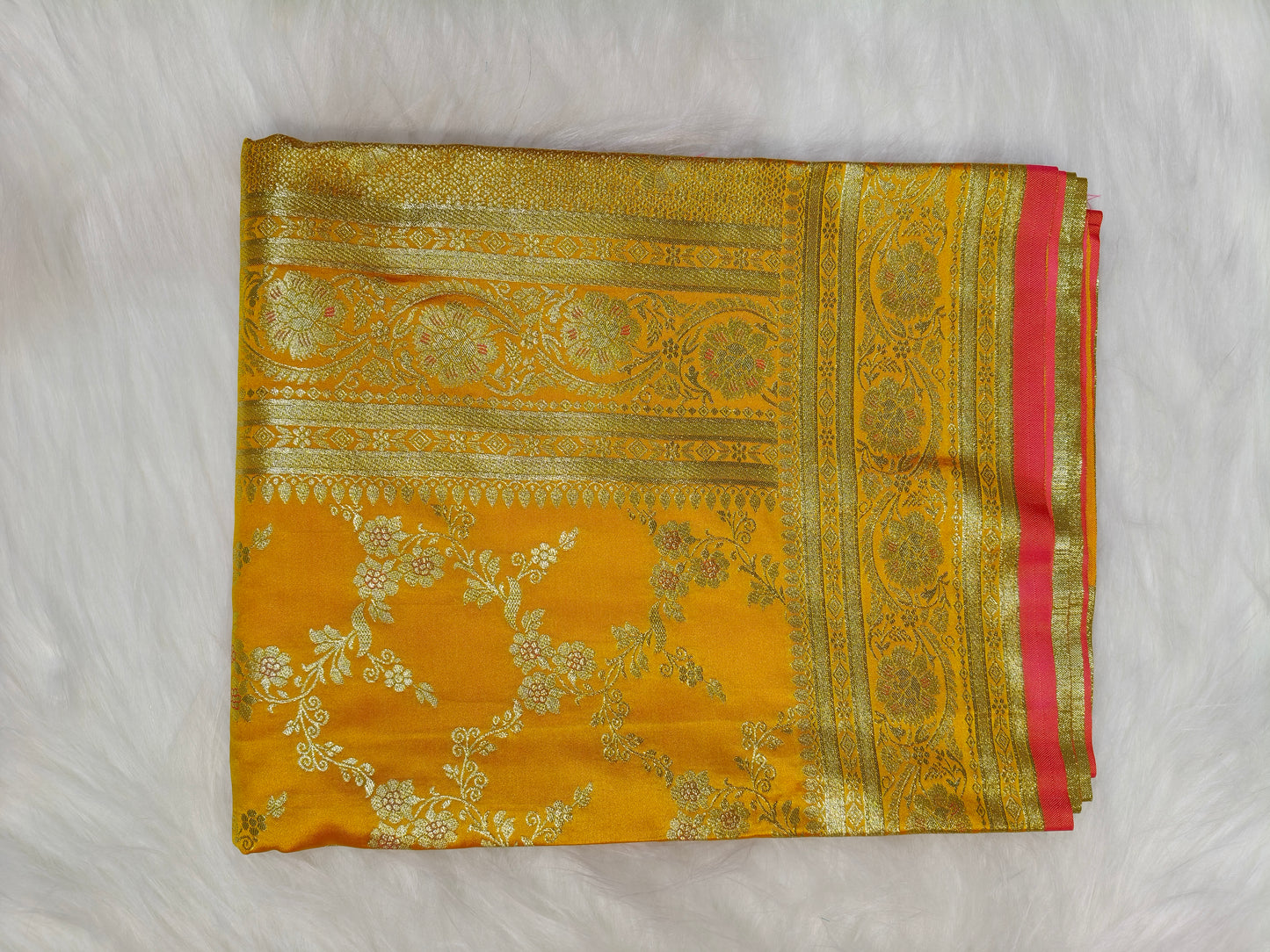 Satin Saree Rani Yellow Shade Floral Jaal Pattern SS007 75% Discount