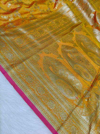 Satin Saree Rani Yellow Shade Floral Jaal Pattern SS007 75% Discount