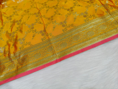 Satin Saree Rani Yellow Shade Floral Jaal Pattern SS007 75% Discount