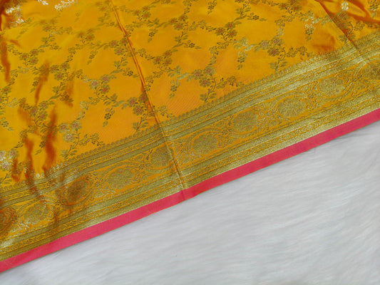 Satin Saree Rani Yellow Shade Floral Jaal Pattern SS007 75% Discount