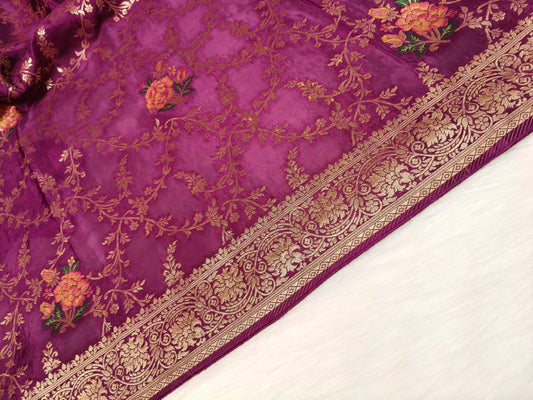 Crepe Banarsi Silk Saree Garnet Shade Floral Jaal Pattern CBS009   50% Discount