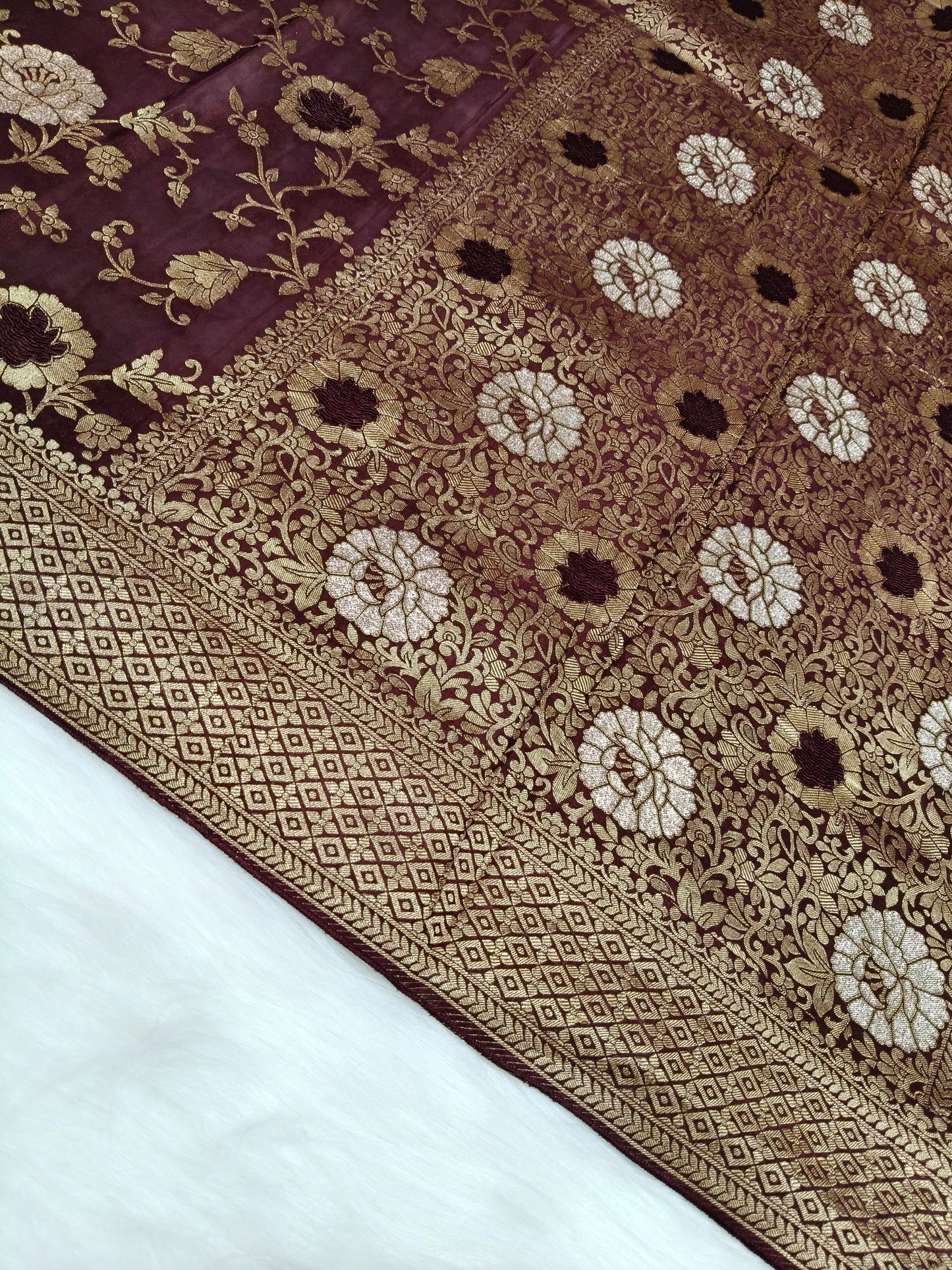 Crepe Banarasi Silk Saree Garnet Shade Floral Jaal Pattern CBS001   50% Discount