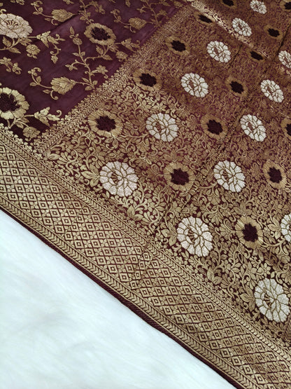 Crepe Banarasi Silk Saree Garnet Shade Floral Jaal Pattern CBS001   50% Discount