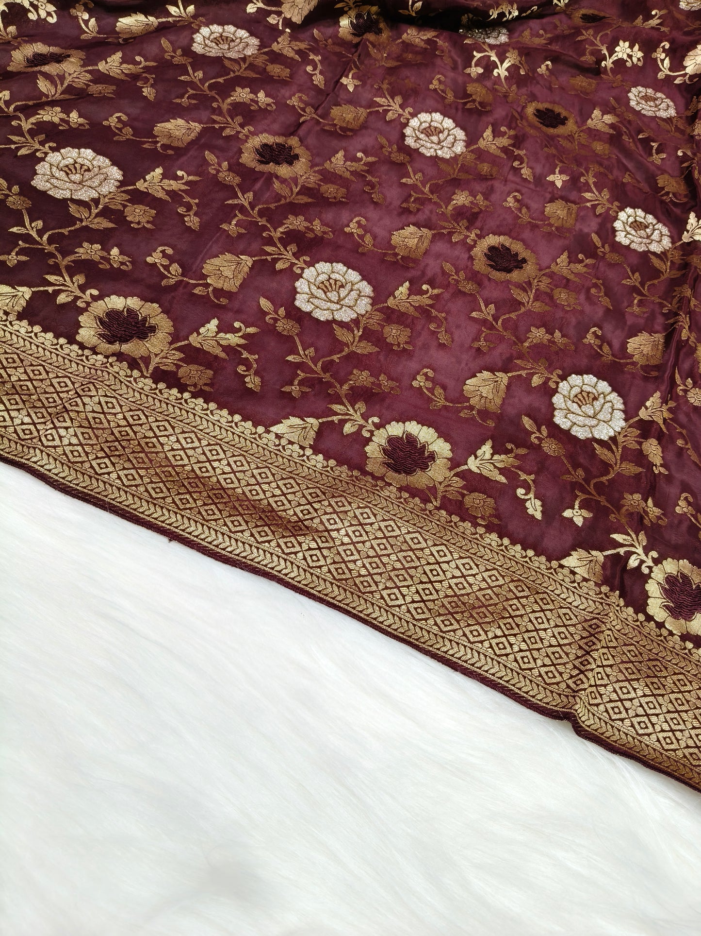 Crepe Banarasi Silk Saree Garnet Shade Floral Jaal Pattern CBS001   50% Discount