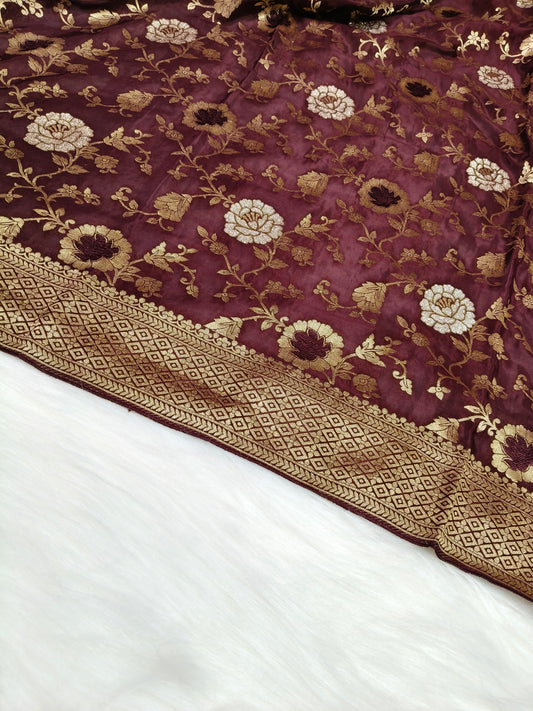Crepe Banarasi Silk Saree Garnet Shade Floral Jaal Pattern CBS001   50% Discount