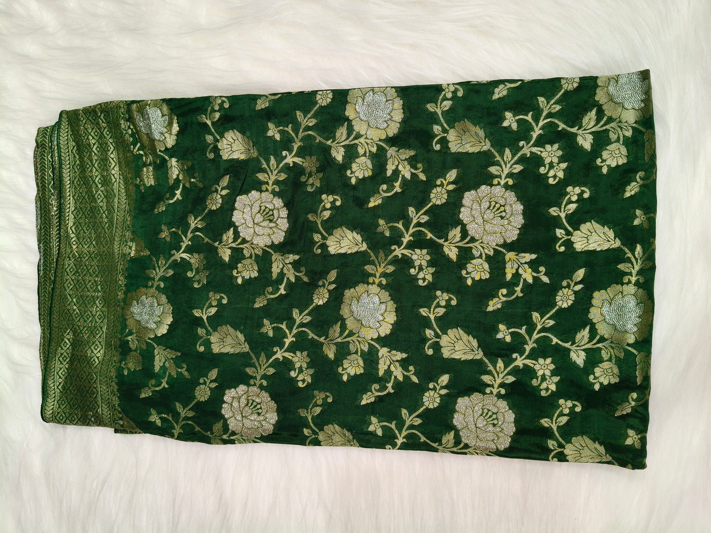 Crepe Banarasi Silk Saree Bottle Green Shade Floral Jaal Pattern CBS002   50% Discount