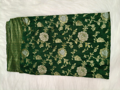 Crepe Banarasi Silk Saree Bottle Green Shade Floral Jaal Pattern CBS002   50% Discount