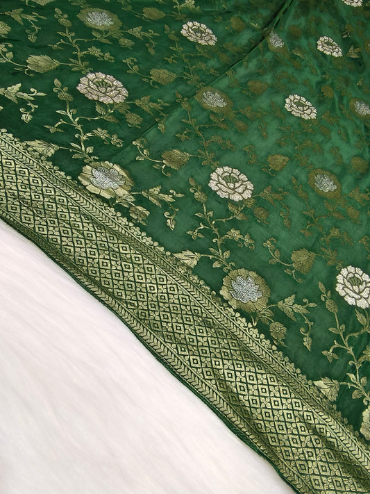 Crepe Banarasi Silk Saree Bottle Green Shade Floral Jaal Pattern CBS002   50% Discount