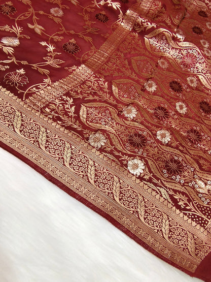 Crepe Banarasi Silk Saree Maroon Shade Floral Jaal Pattern CBS003   50% Discount