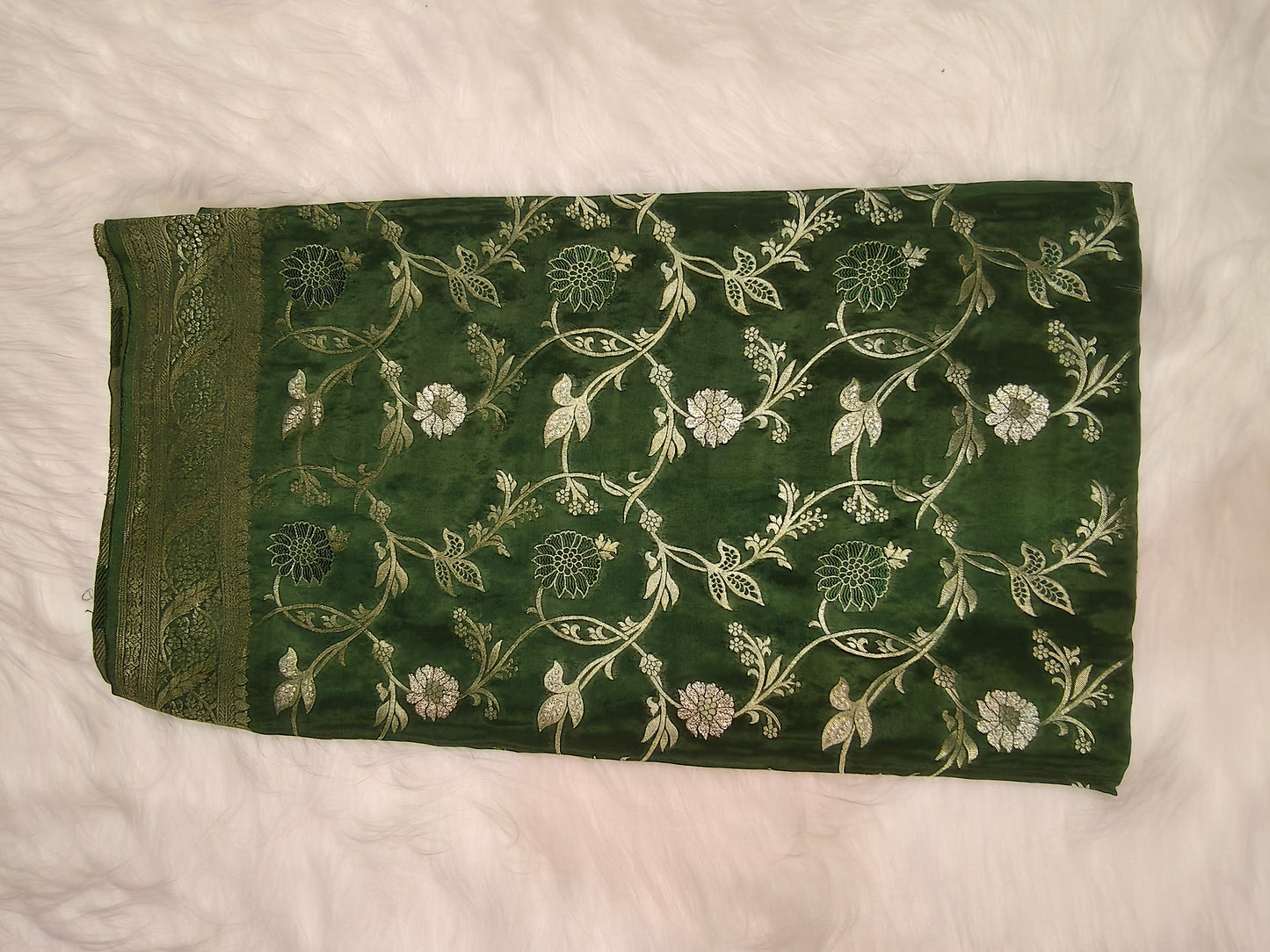 Crepe Banarasi Silk Saree Bottle Green Shade Floral Jaal Design CBS006   50% Discount
