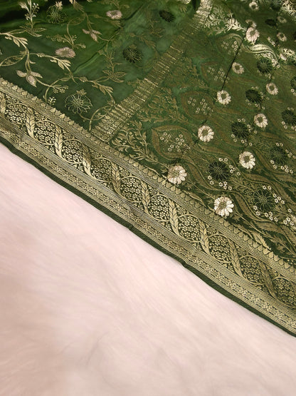 Crepe Banarasi Silk Saree Bottle Green Shade Floral Jaal Design CBS006   50% Discount