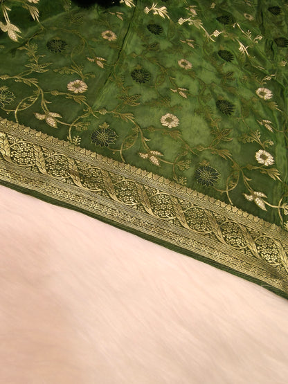 Crepe Banarasi Silk Saree Bottle Green Shade Floral Jaal Design CBS006   50% Discount