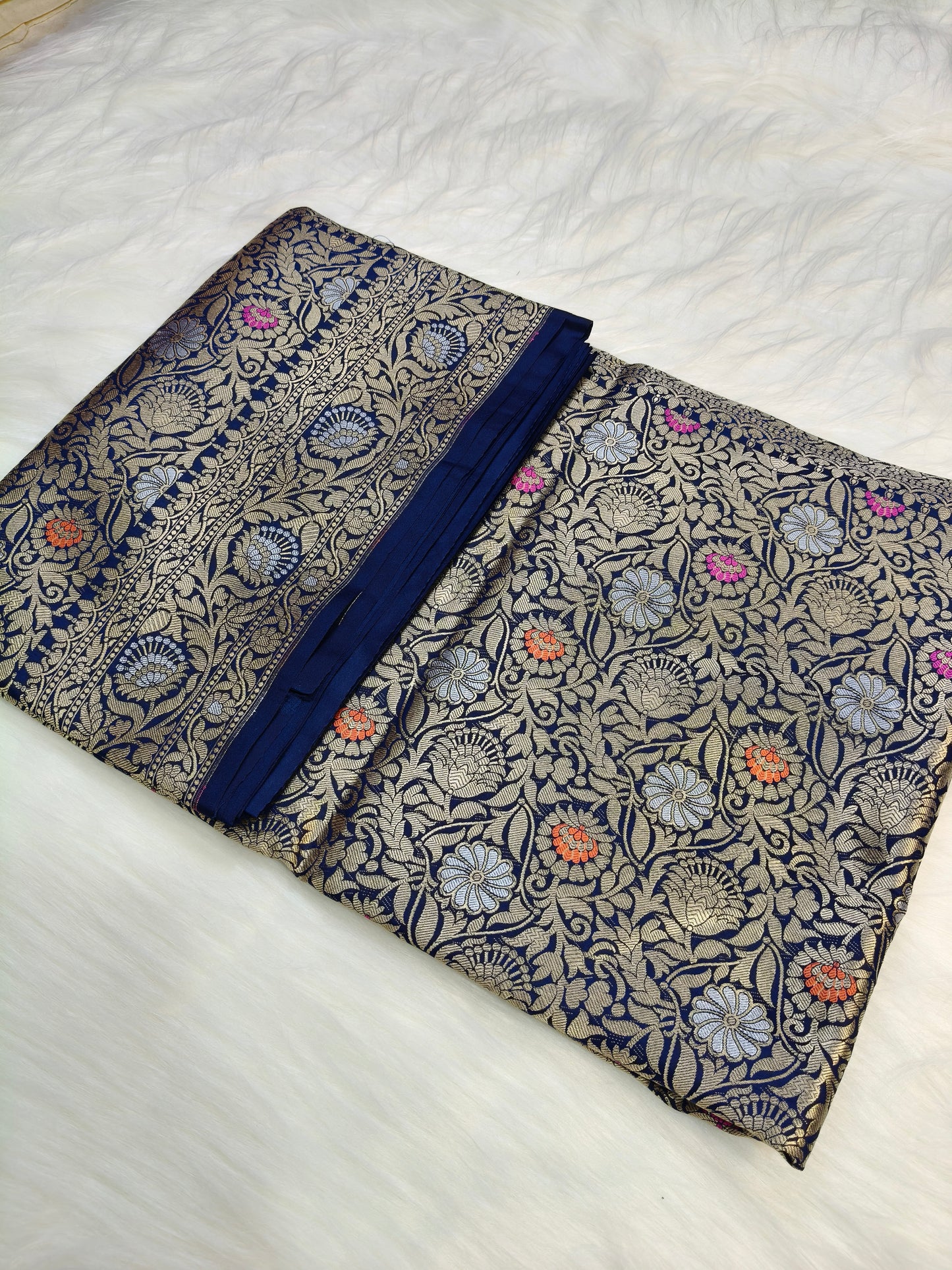 Banarasi Tanchhui Saree Navy Blue Shade With Multi Color Mina BTS009   50% Discount
