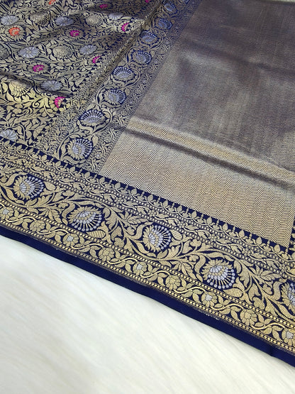 Banarasi Tanchhui Saree Navy Blue Shade With Multi Color Mina BTS009   50% Discount