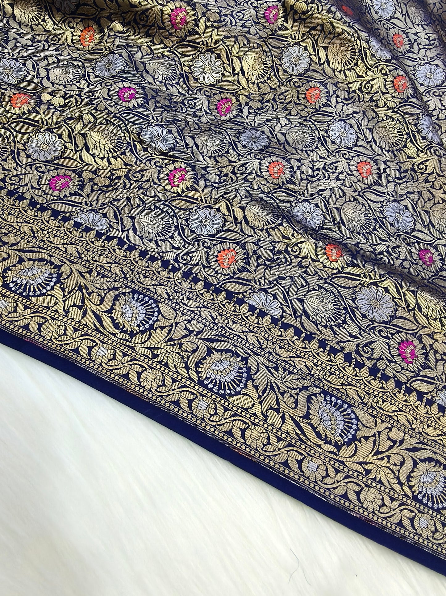 Banarasi Tanchhui Saree Navy Blue Shade With Multi Color Mina BTS009   50% Discount