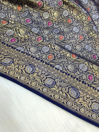 Banarasi Tanchhui Saree Navy Blue Shade With Multi Color Mina BTS009   50% Discount