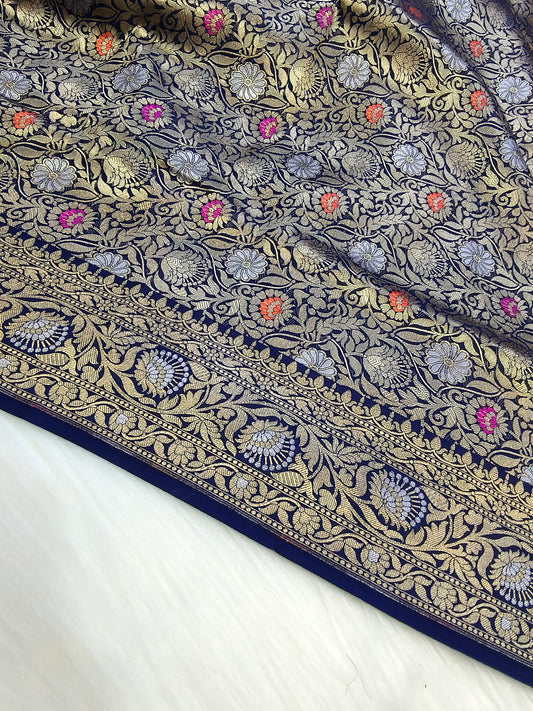Banarasi Tanchhui Saree Navy Blue Shade With Multi Color Mina BTS009   50% Discount