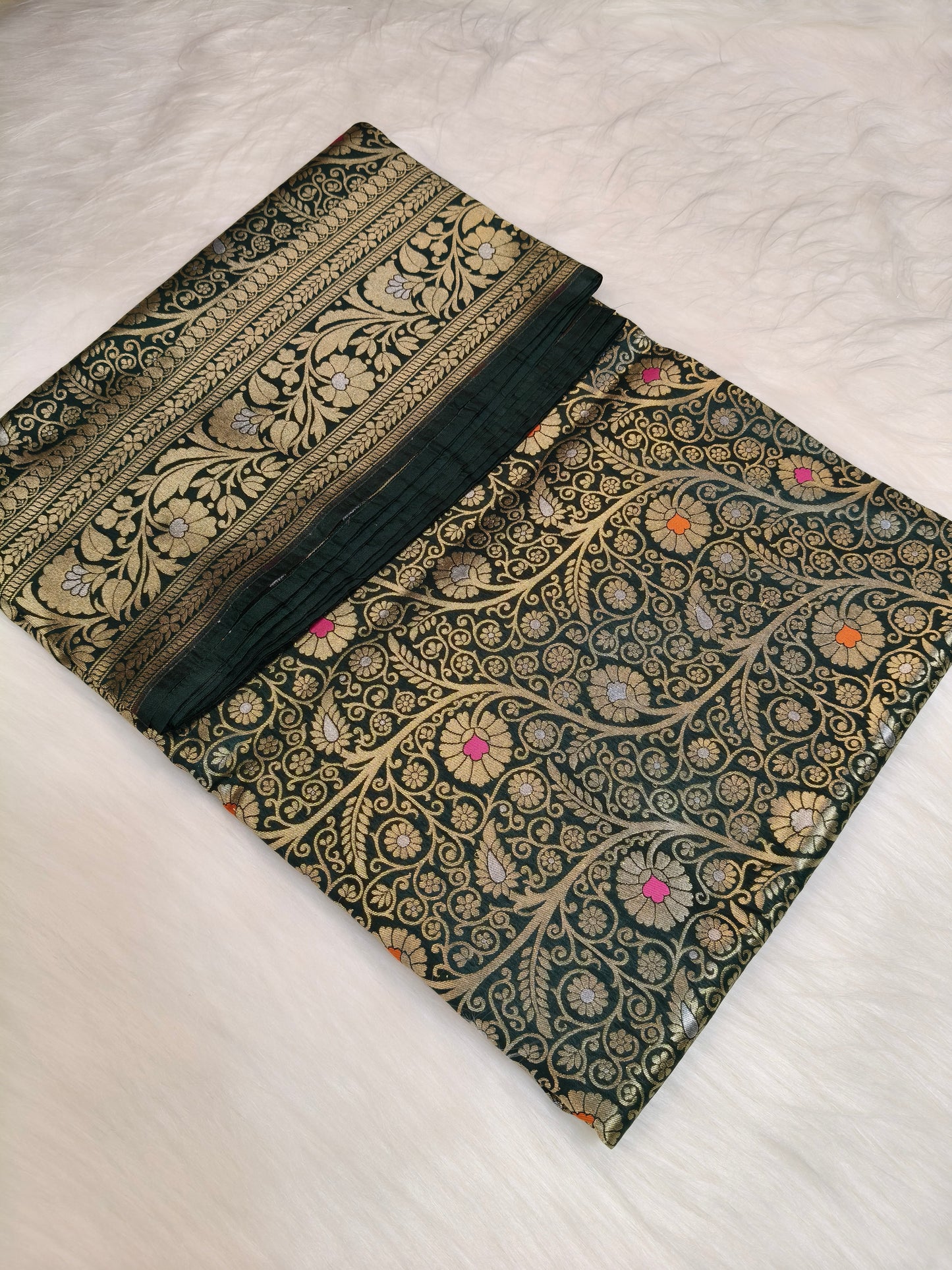 Banarasi Silk Brocade Saree Bottle Green Shade With Multi Color Mina BTS026  75% Discount