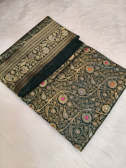 Banarasi Silk Brocade Saree Bottle Green Shade With Multi Color Mina BTS026  75% Discount