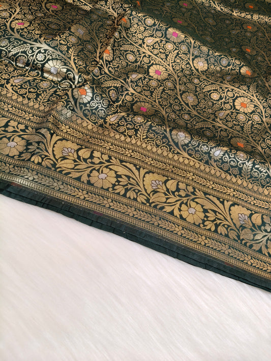 Banarasi Silk Brocade Saree Bottle Green Shade With Multi Color Mina BTS026  75% Discount
