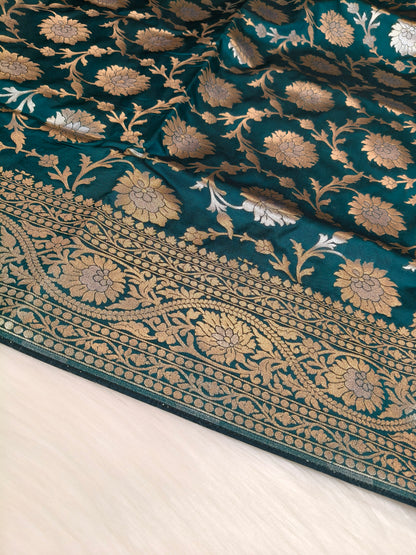 Banarasi Silk Cutwork Jaal Saree Rama Shade With Silver Color Mina BCS010  75% Discount