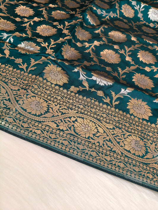Banarasi Silk Cutwork Jaal Saree Rama Shade With Silver Color Mina BCS010  75% Discount