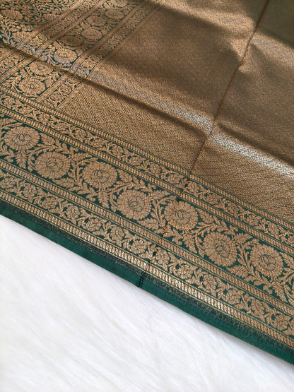 Banarasi Silk Brocade Antique Zari Saree Bottle Green Shade AZ009  75% Discount