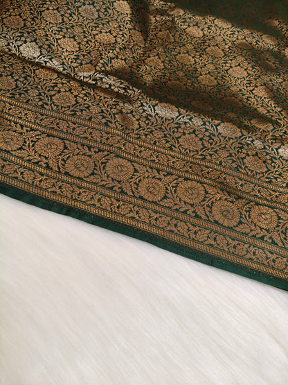 Banarasi Silk Brocade Antique Zari Saree Bottle Green Shade AZ009  75% Discount