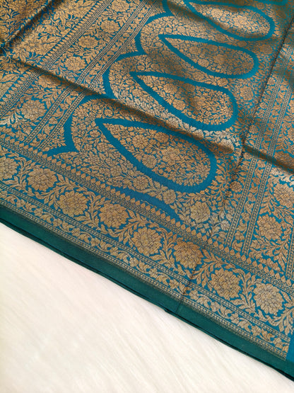 Banarasi Silk Brocade Antique Zari Saree Peacock Shade AZ005  75% Discount