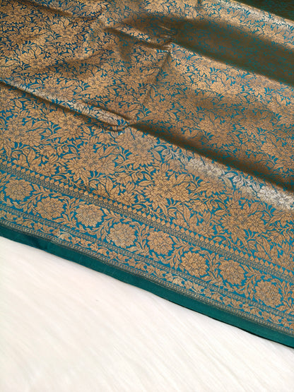 Banarasi Silk Brocade Antique Zari Saree Peacock Shade AZ005  75% Discount